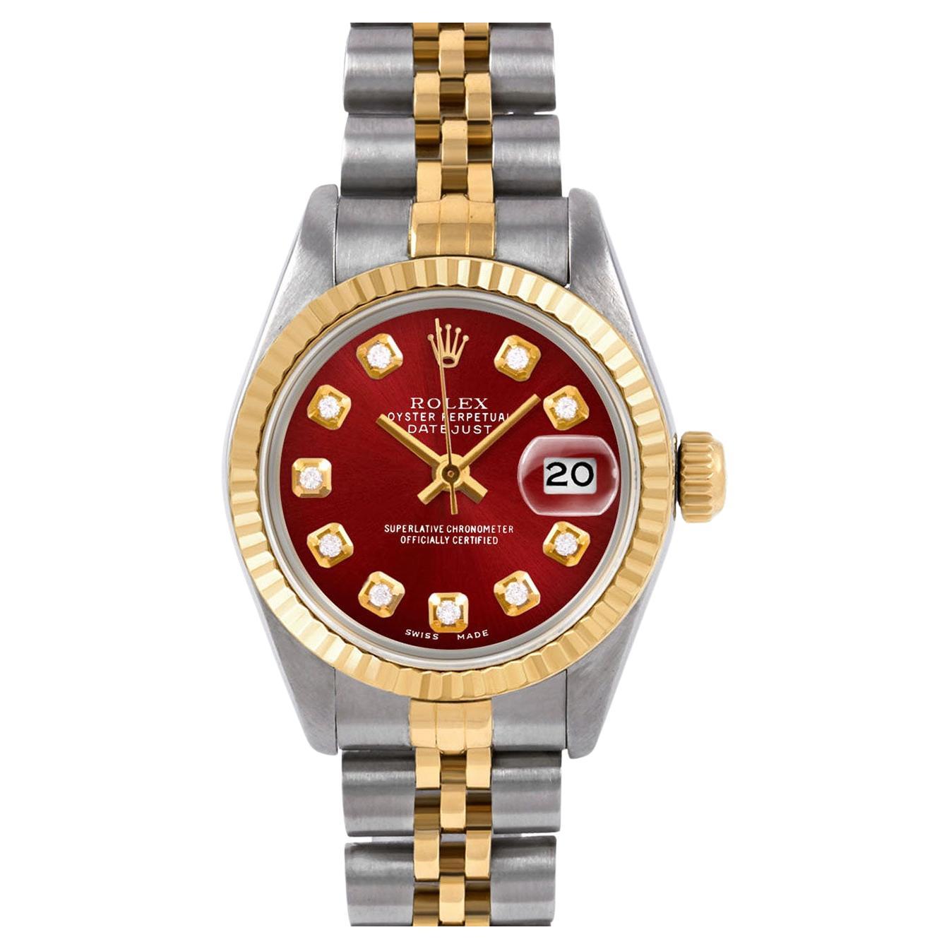 Rolex Datejust 6917 Maßgefertigtes rotes Diamant-Zifferblatt Jubiläumsband mit geriffelter Lünette im Angebot