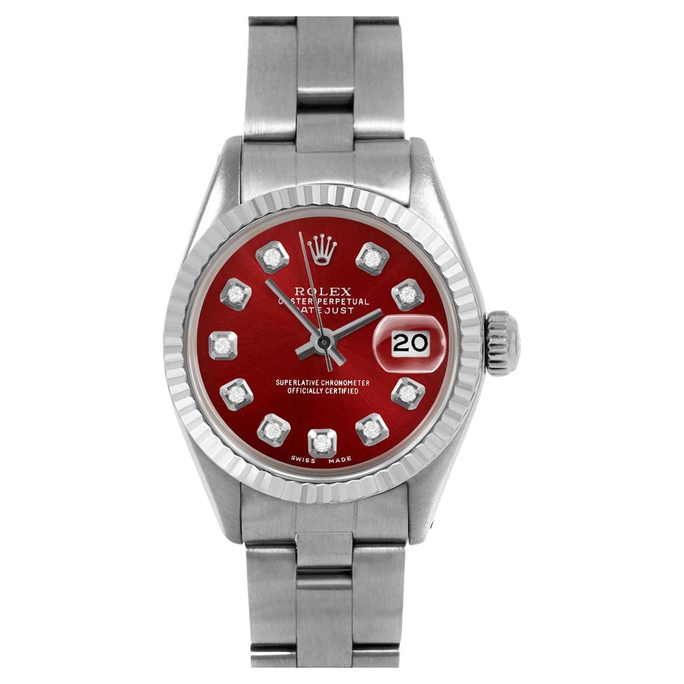 Rolex Datejust 26mm 6917 Maßgefertigtes rotes Diamant-Zifferblatt Austernband mit geriffelter Lünette 