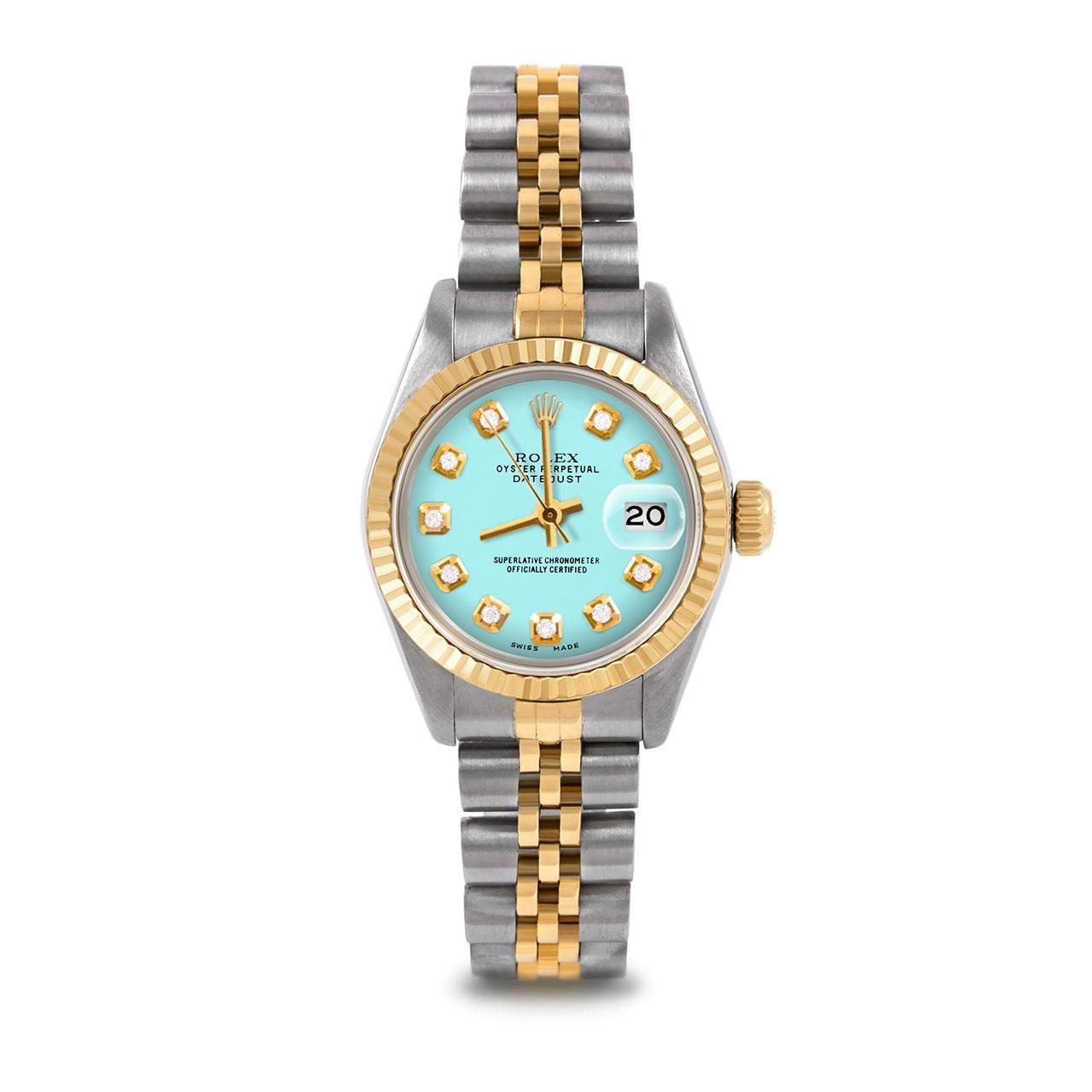 Pre-Owned Rolex 6917 Ladies 26mm Two Tone Datejust Watch, Custom Turquiose Diamond Dial & Fluted Bezel on Rolex 14K Yellow Gold And Stainless Steel Jubilee Band.   

SKU 6917-TT-TRQ-DIA-AM-FLT-JBL


Brand/Model:        Rolex Datejust
Model Number:  