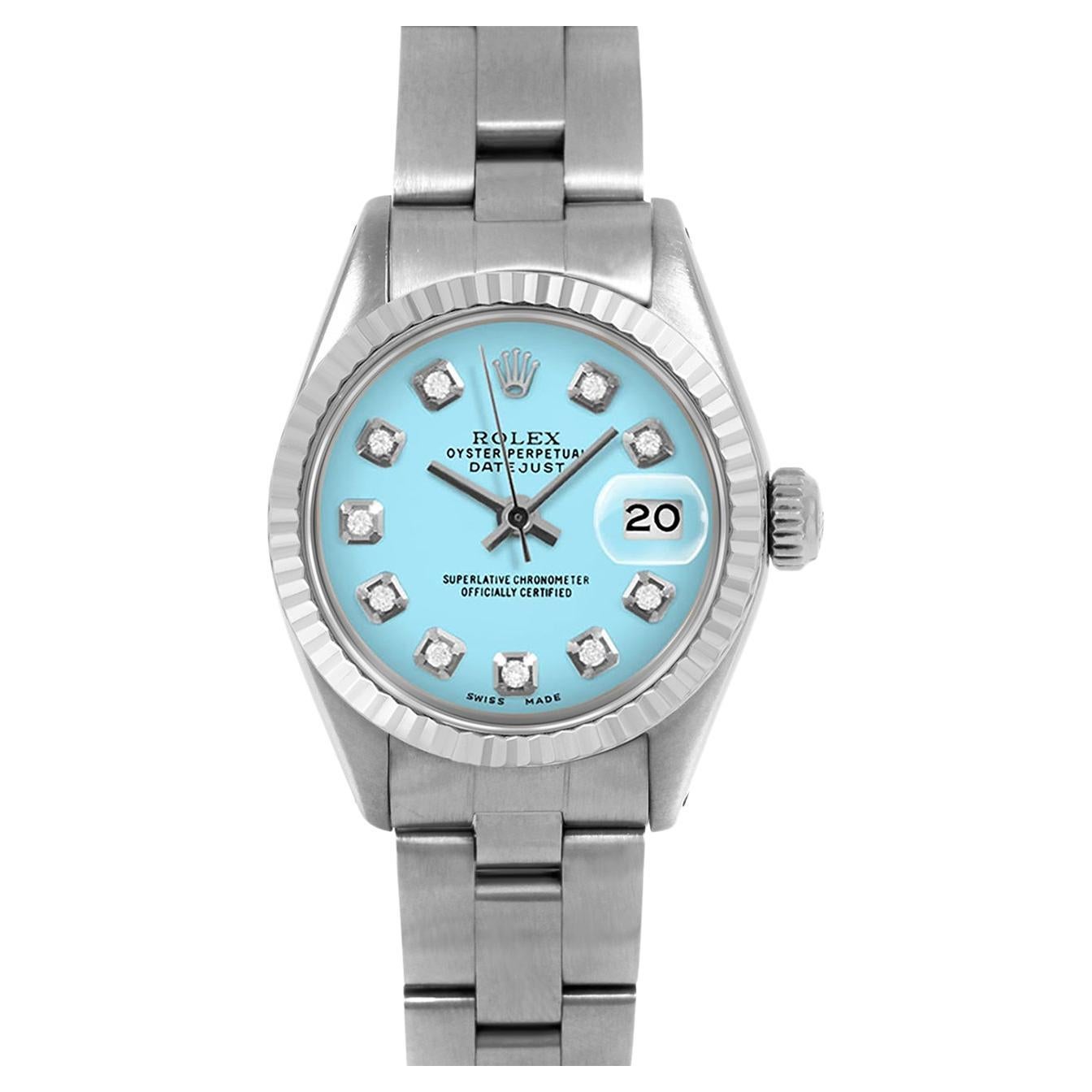 Rolex Datejust 6917 Custom Turquoise Diamond Dial Oyster Band Fluted Bezel For Sale