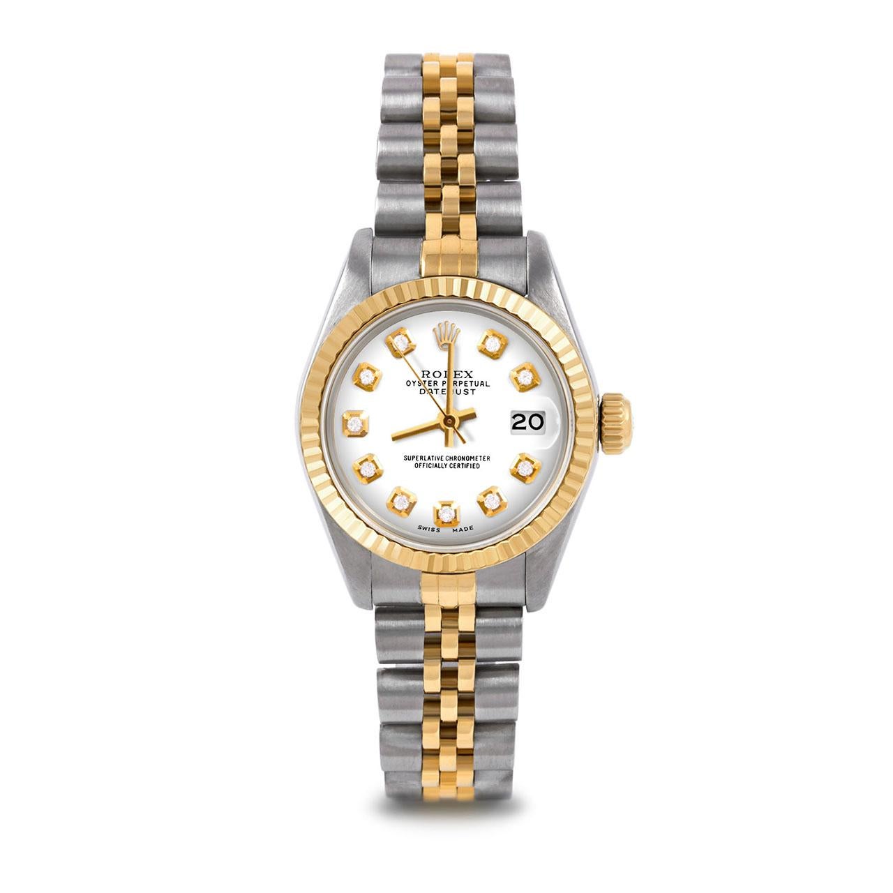 Pre-Owned Rolex 6917 Ladies 26mm Two Tone Datejust Watch, Custom White Diamond Dial & Fluted Bezel on Rolex 14K Yellow Gold And Stainless Steel Jubilee Band.   

SKU 6917-TT-WHT-DIA-AM-FLT-JBL


Brand/Model:        Rolex Datejust
Model Number:      