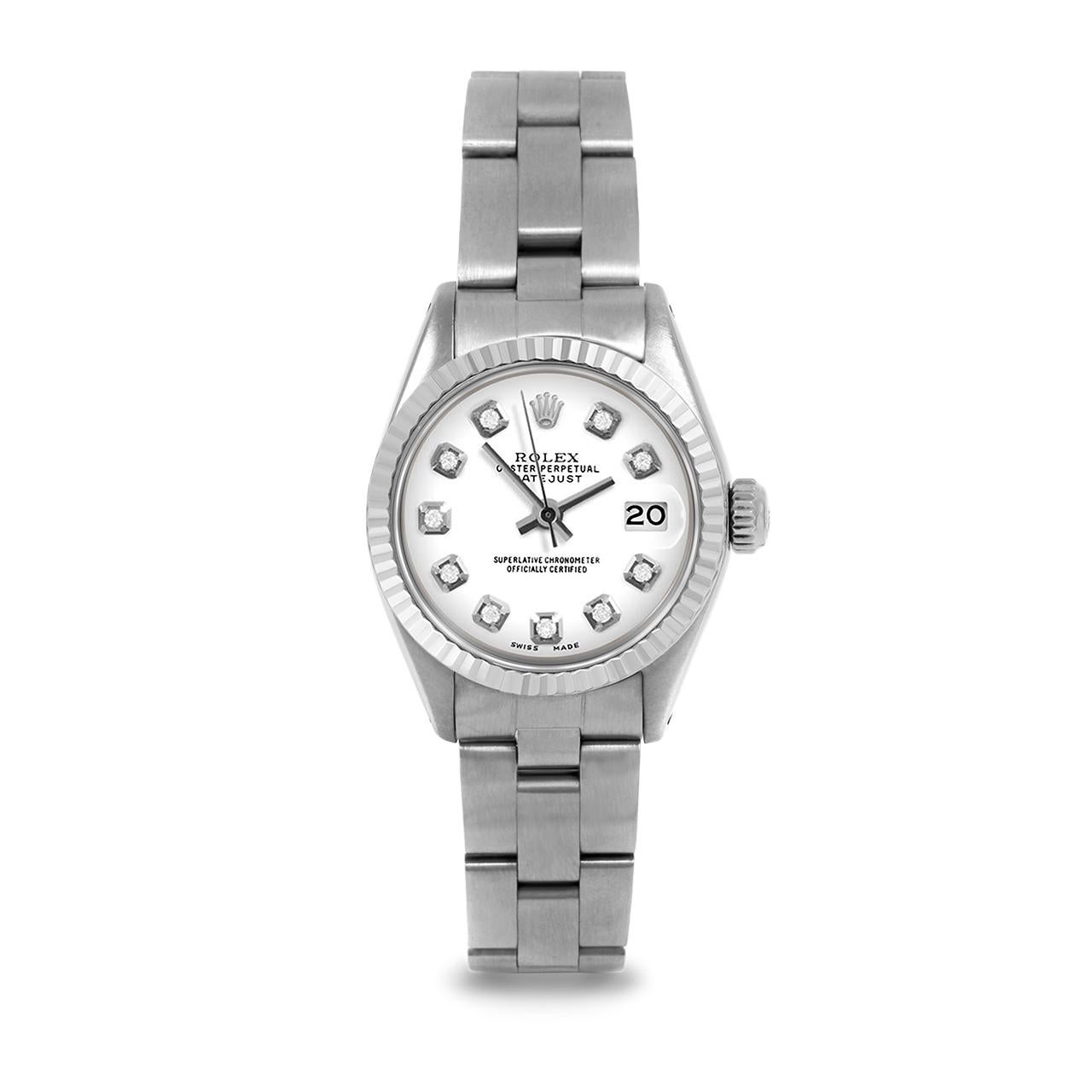 Pre-Owned Rolex 6917 Ladies 26mm Datejust Watch, Custom White Diamond Dial & Fluted Bezel on Rolex Stainless Steel Oyster Band.   

SKU 6917-SS-WHT-DIA-AM-FLT-OYS


Brand/Model:        Rolex Datejust
Model Number:        6917
Style:       