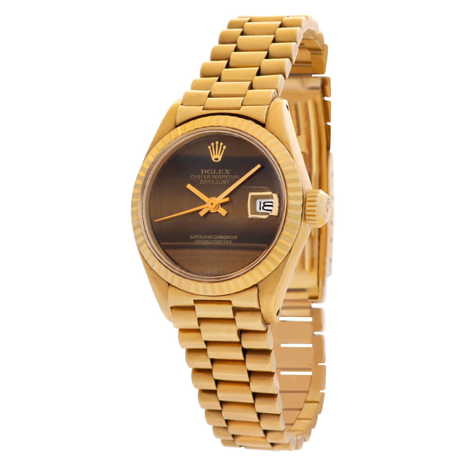 Rolex Datejust with original Tiger eye dial in 18k. Auto w/ sweep seconds and date. 26 mm case size. Ref 6917. Circa 1973. **Bank wire only at this price** Fine Pre-owned Rolex Watch. Certified preowned Vintage Rolex Datejust 6917 watch is made out