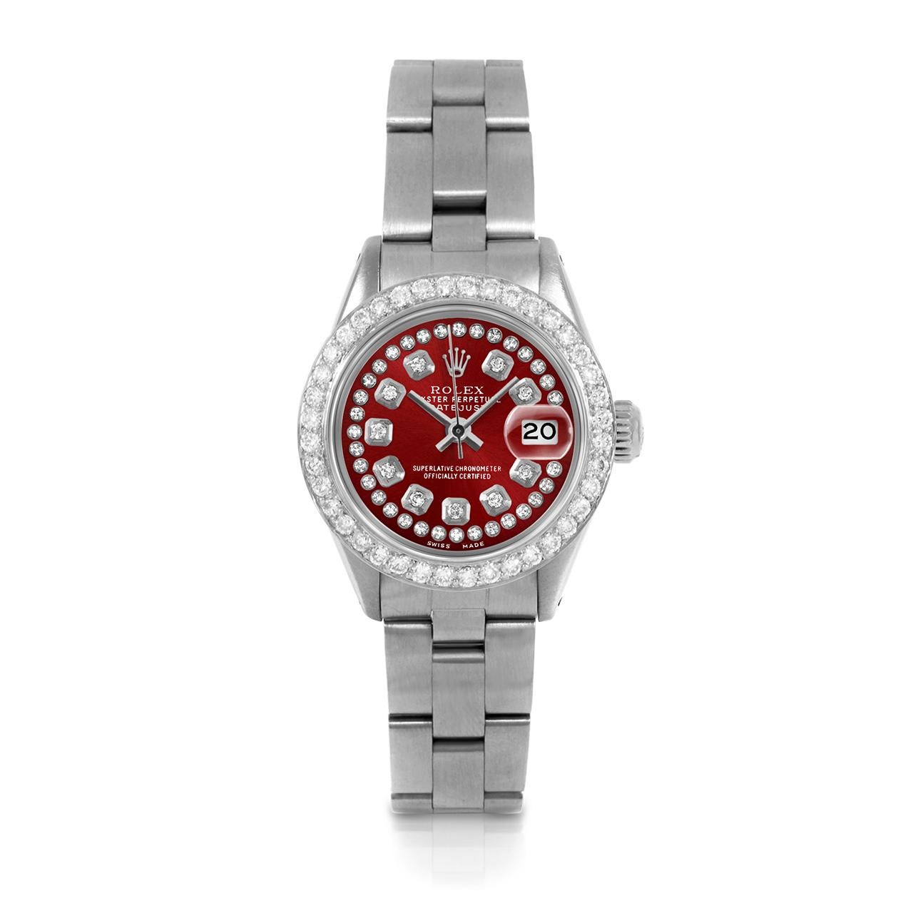 Pre-Owned Rolex 6917 Ladies 26mm Datejust Watch, Custom Red String Diamond Dial & Custom 1ct Diamond Bezel on Rolex Stainless Steel Oyster Band.   

SKU 6917-SS-RED-STRD-BDS-OYS


Brand/Model:        Rolex Datejust
Model Number:        6917
Style:  