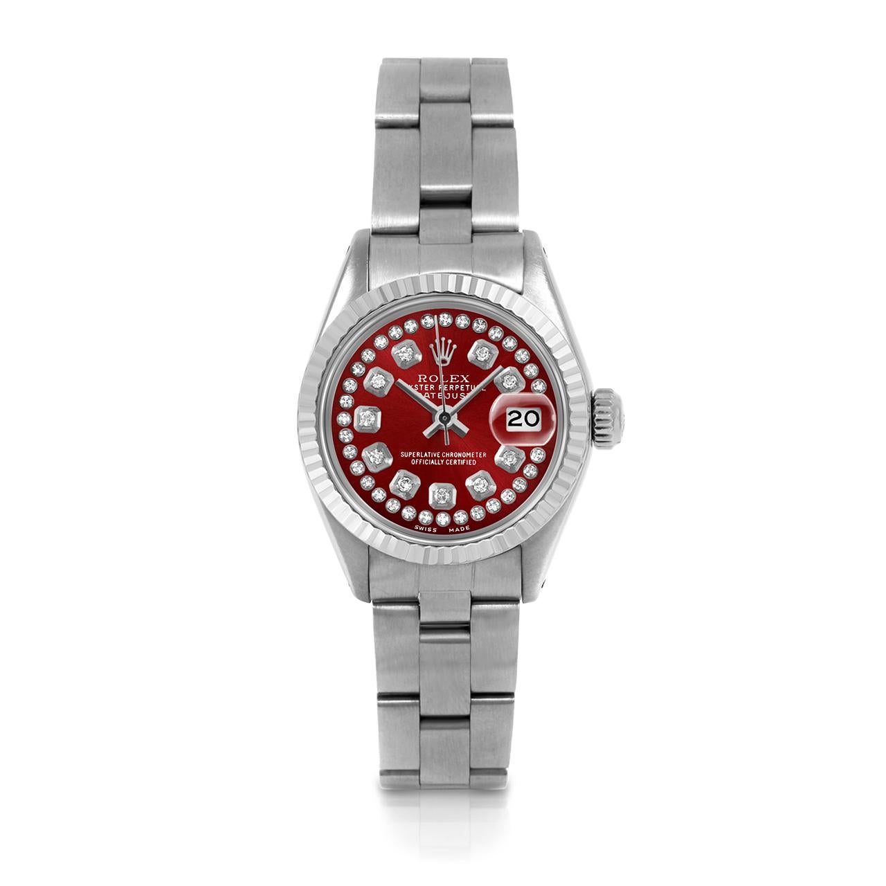 Pre-Owned Rolex 6917 Ladies 26mm Datejust Watch, Custom Red String Diamond Dial & Fluted Bezel on Rolex Stainless Steel Oyster Band.   

SKU 6917-SS-RED-STRD-FLT-OYS


Brand/Model:        Rolex Datejust
Model Number:        6917
Style:       