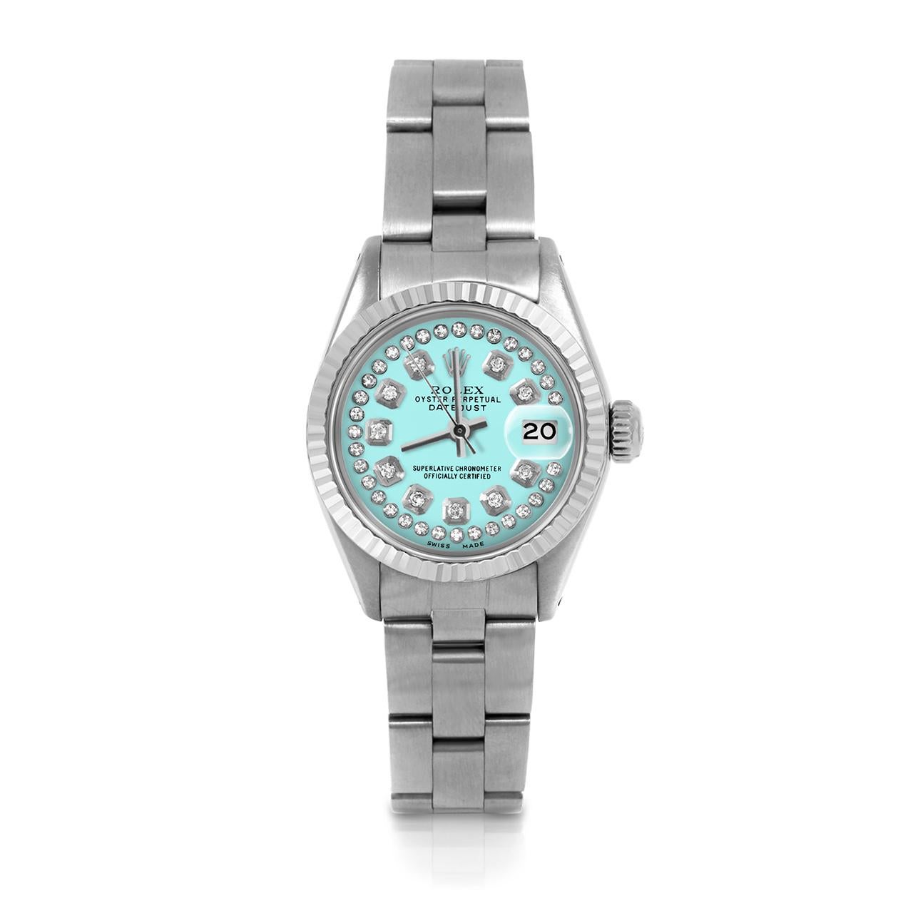 Pre-Owned Rolex 6917 Ladies 26mm Datejust Watch, Custom Turquoise String Diamond Dial & Fluted Bezel on Rolex Stainless Steel Oyster Band.   

SKU 6917-SS-TRQ-STRD-FLT-OYS


Brand/Model:        Rolex Datejust
Model Number:        6917
Style:       