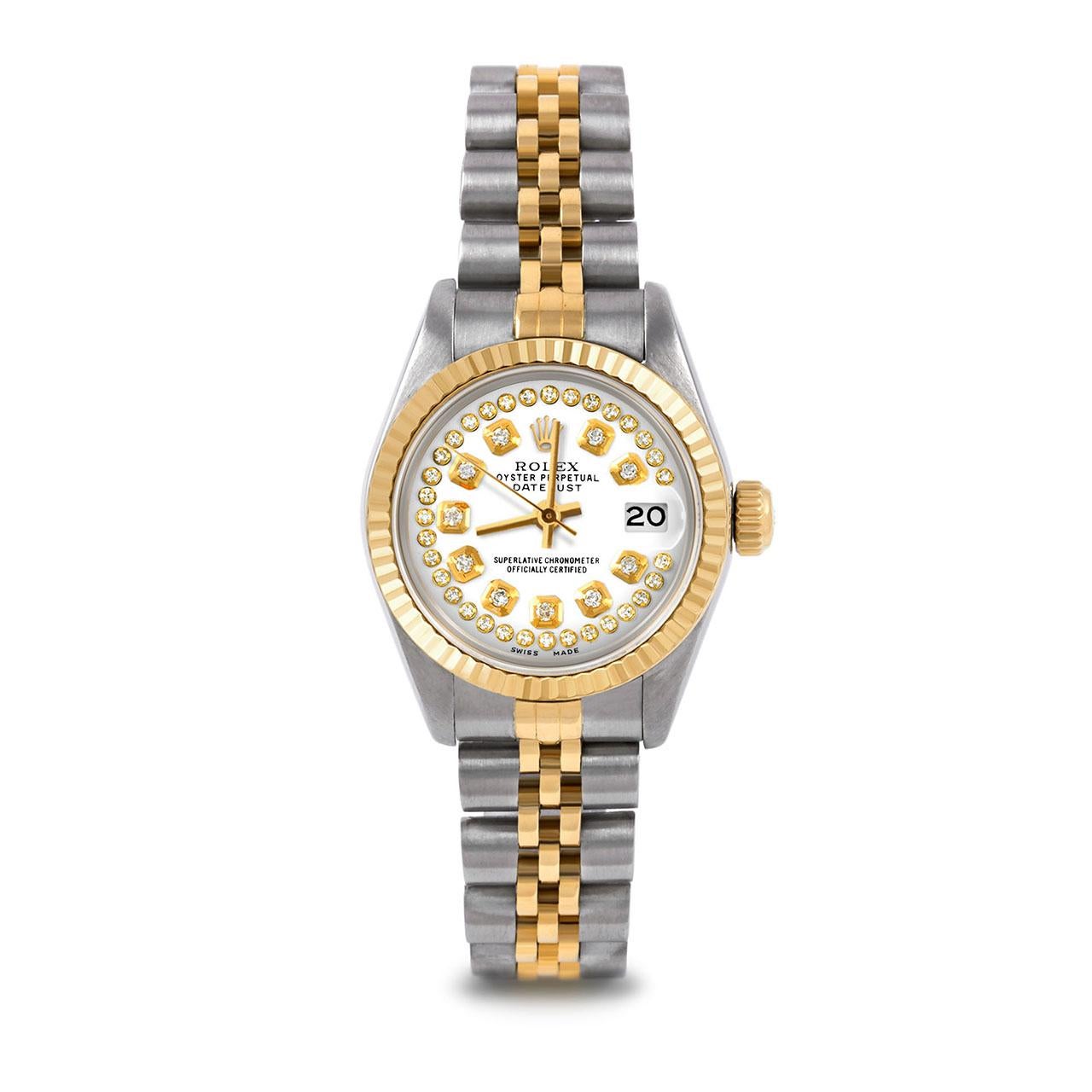 Pre-Owned Rolex 6917 Ladies 26mm Two Tone Datejust Watch, Custom White String Diamond Dial & Fluted Bezel on Rolex 14K Yellow Gold And Stainless Steel Jubilee Band.   

SKU 6917-TT-WHT-STRD-FLT-JBL


Brand/Model:        Rolex Datejust
Model Number: 