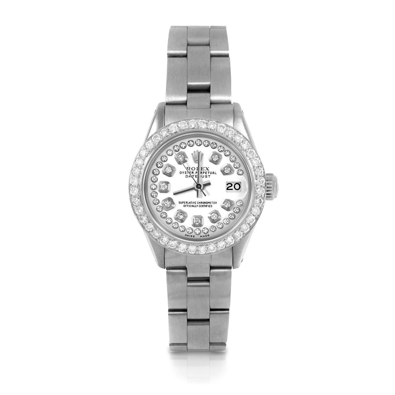 Pre-Owned Rolex 6917 Ladies 26mm Datejust Watch, Custom White String Diamond Dial & Custom 1ct Diamond Bezel on Rolex Stainless Steel Oyster Band.   

SKU 6917-SS-WHT-STRD-BDS-OYS


Brand/Model:        Rolex Datejust
Model Number:        6917
Style: