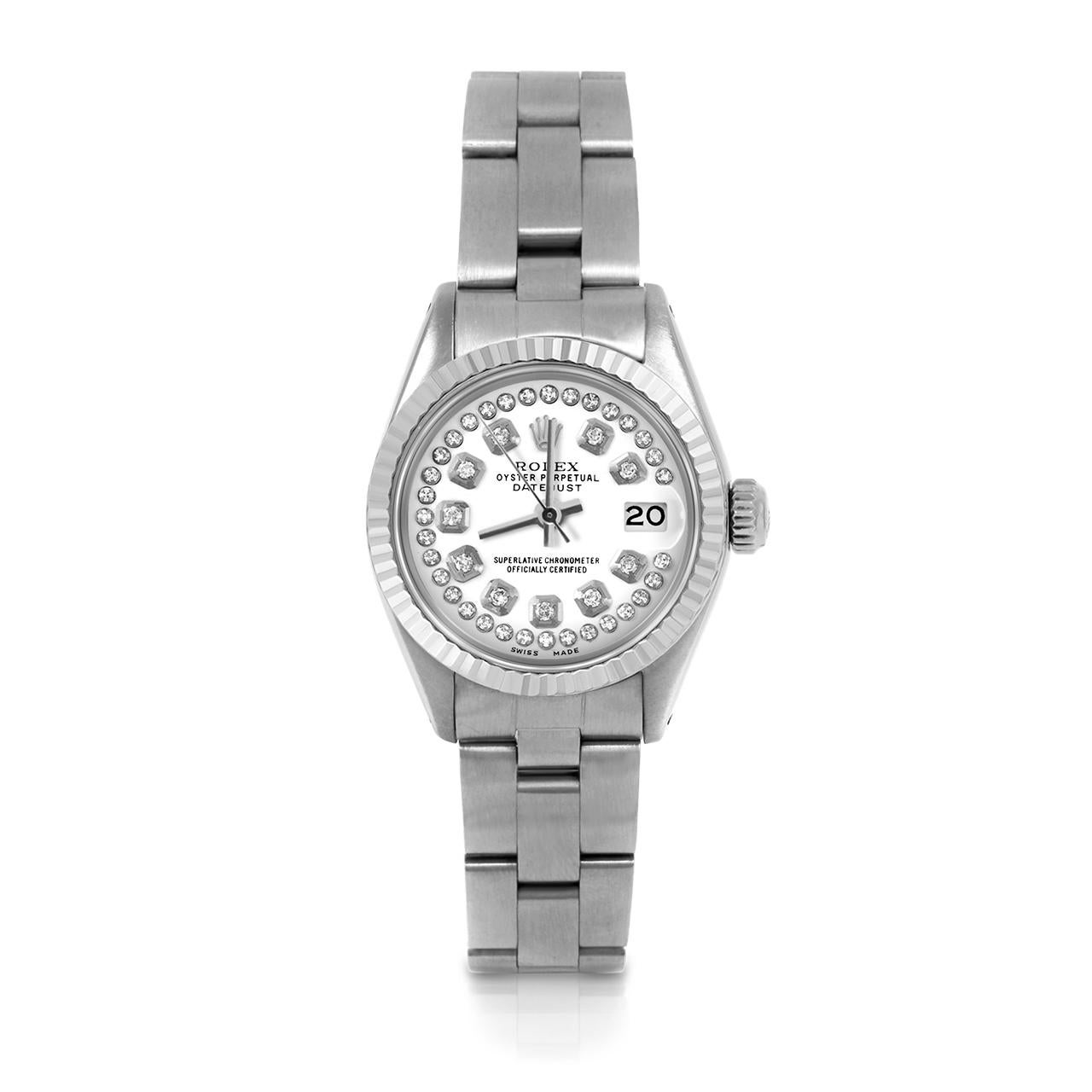 Pre-Owned Rolex 6917 Ladies 26mm Datejust Watch, Custom White String Diamond Dial & Fluted Bezel on Rolex Stainless Steel Oyster Band.   

SKU 6917-SS-WHT-STRD-FLT-OYS


Brand/Model:        Rolex Datejust
Model Number:        6917
Style:       
