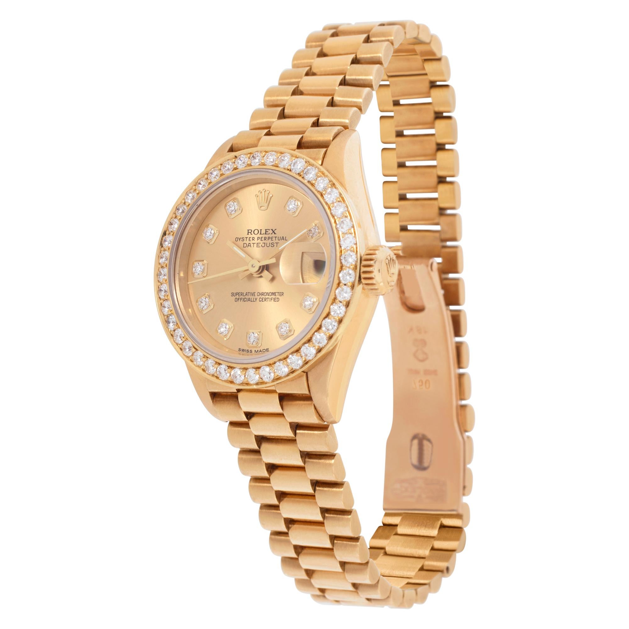 Rolex Datejust in 18k yellow gold with original diamond dial and custom diamond bezel. Auto w/ sweep seconds and date. 26 mm case size. Ref 69178. Circa 1995. **Bank Wire Only At This Price** Fine Pre-owned Rolex Watch.

Certified preowned Classic