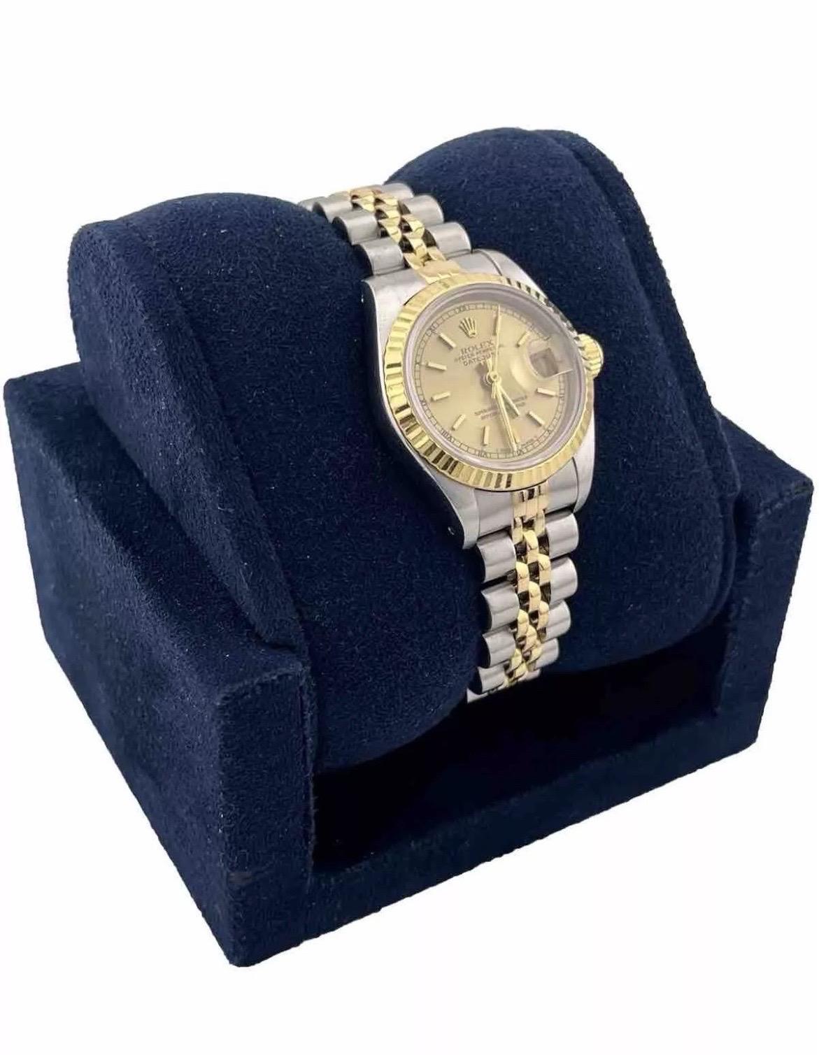 Rolex Datejust 26MM Champagne Dial 18K Yellow Gold Steel Two Tone Watch 69173 In Good Condition For Sale In Boca Raton, FL