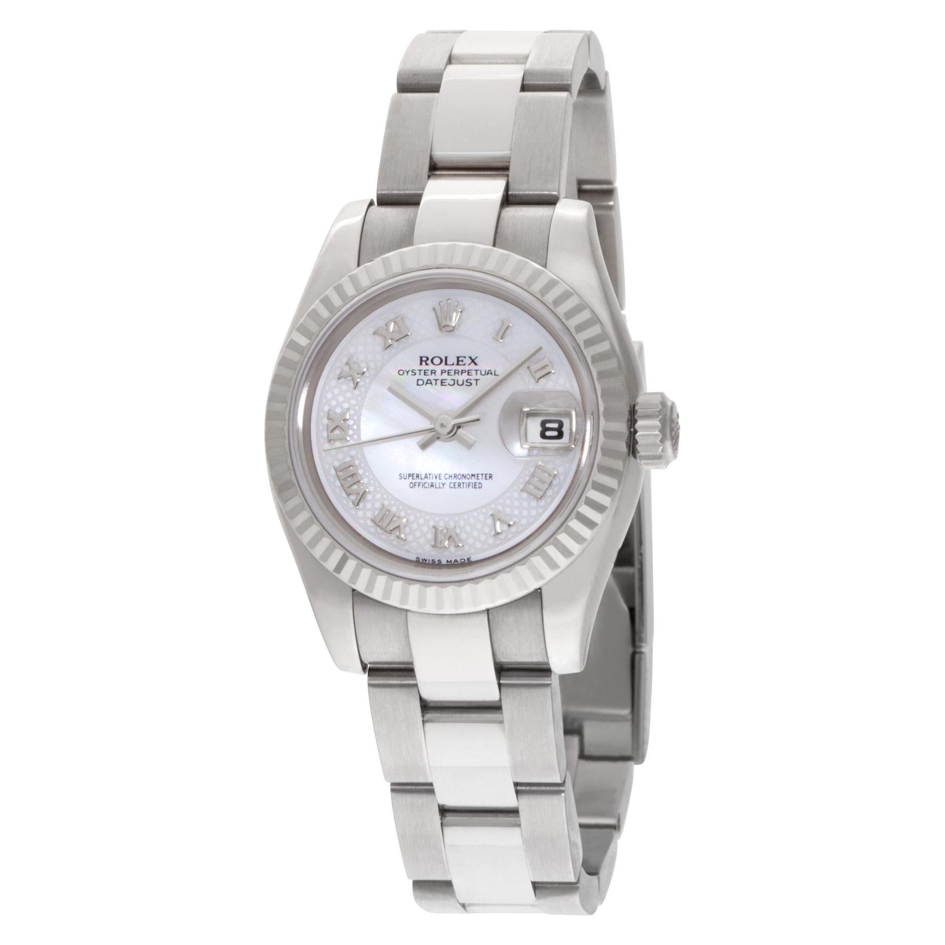 Rolex Datejust in 18k white gold with factory Arabic Mother of Pearl dial on an Oyster link bracelet with newest style clasp. Auto w/ sweep seconds and date. With box and papers. 26 mm case size. Ref 179179. Circa 2003. **Bank wire only at this