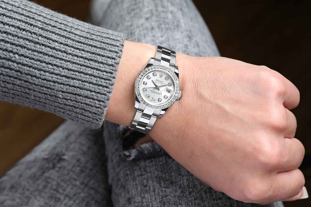 Round Cut Rolex Datejust Ladies Stainless Steel Oyster with Diamond Bezel Watch For Sale