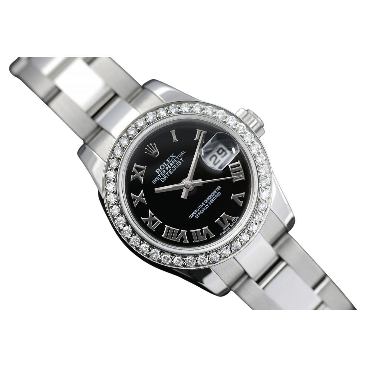 Rolex Datejust Damenuhr aus Edelstahl Oyster mit Diamant-Lünette im Angebot