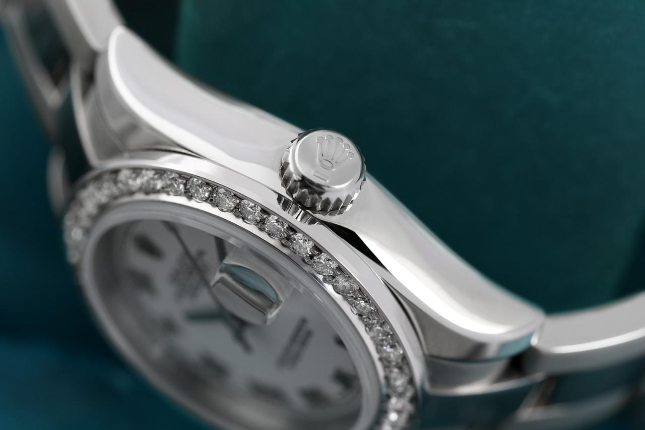 Rolex Datejust Damen-Edelstahl mit Diamant-Lünette Austernuhr  (Rundschliff) im Angebot
