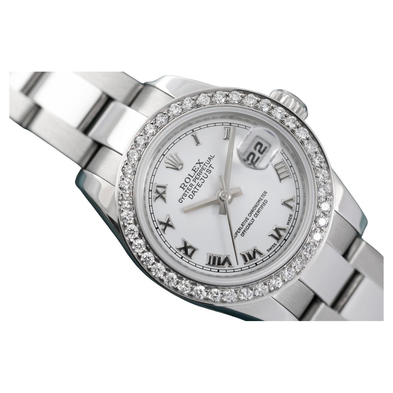 Rolex Montre Oyster Datejust en acier inoxydable avec lunette en diamants, pour femmes 