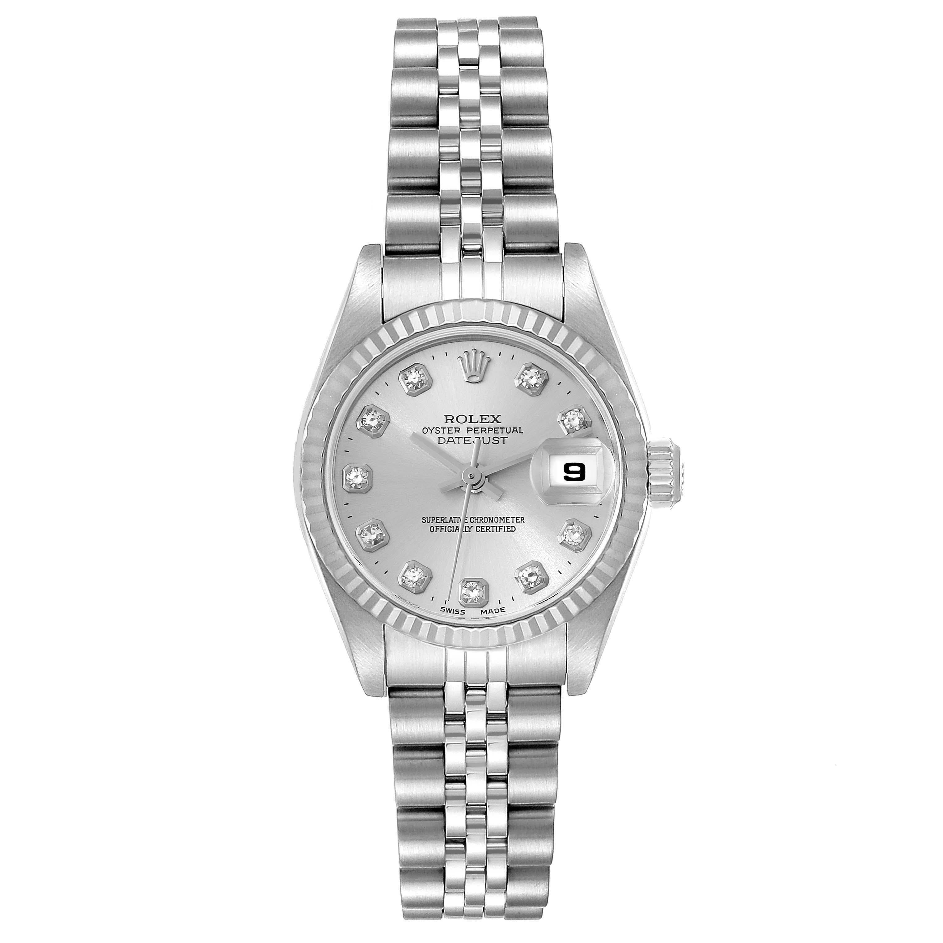Rolex Datejust 26mm Silver Diamond Dial Steel Ladies Watch 79174. Officially certified chronometer automatic self-winding movement. Stainless steel oyster case 26.0 mm in diameter. Rolex logo on the crown. 18K white gold fluted bezel. Scratch