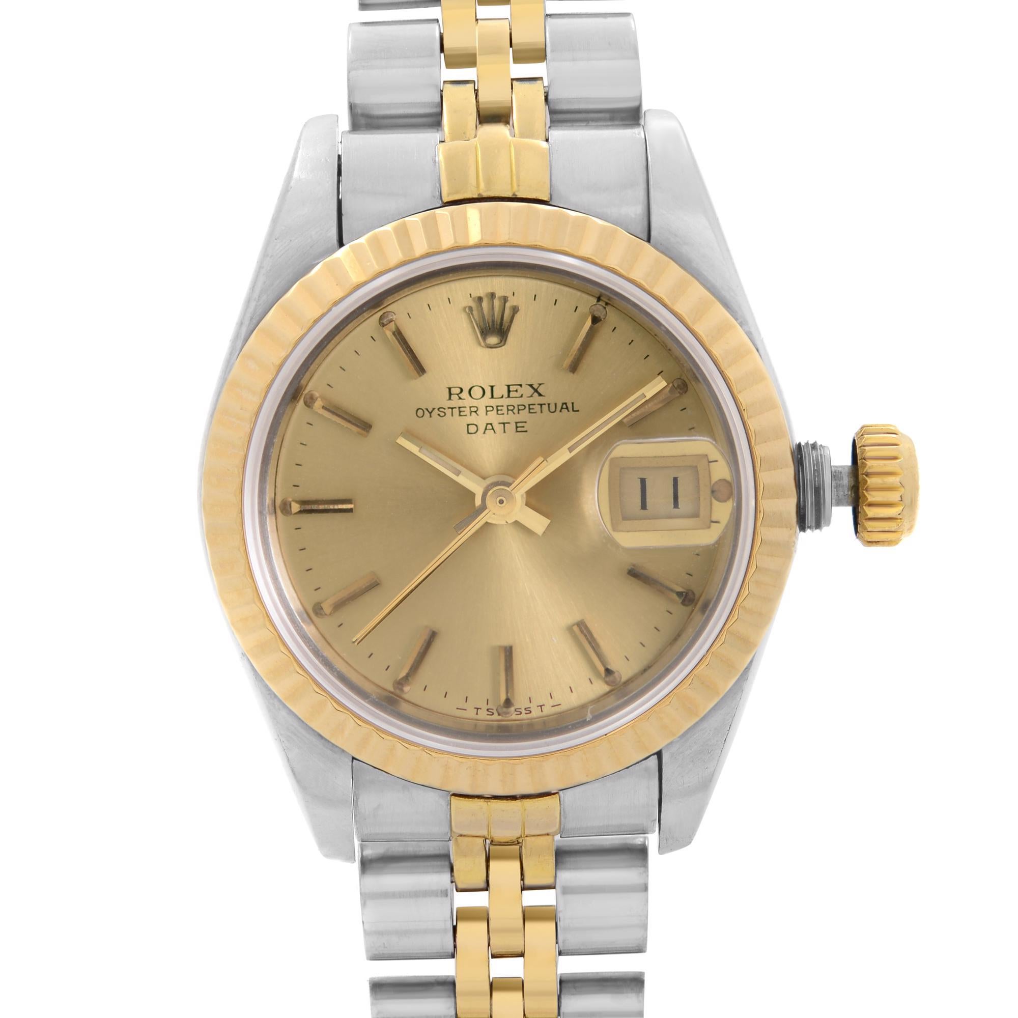 Pre-owned Rolex Datejust Steel 18k Yellow Gold Champagne Dial Automatic Ladies Watch 69173.  Dial have A hairline minor scratch between 1-2 O'Clock only visible under close examination. The band have Moderate slack.  This Beautiful Timepiece was