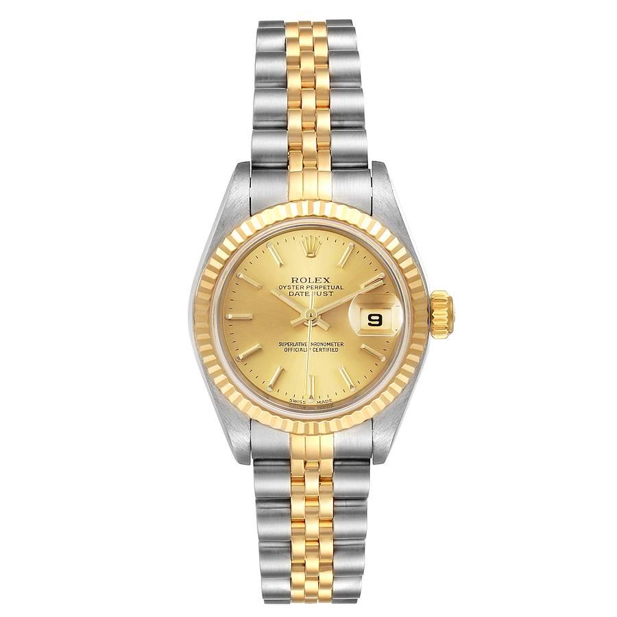 Rolex Datejust 26mm Steel 18K Yellow Gold Ladies Watch 79173. Officially certified chronometer self-winding movement. Stainless steel oyster case 26 mm in diameter. Rolex logo on a 18K yellow gold crown. 18k yellow gold fluted bezel. Scratch