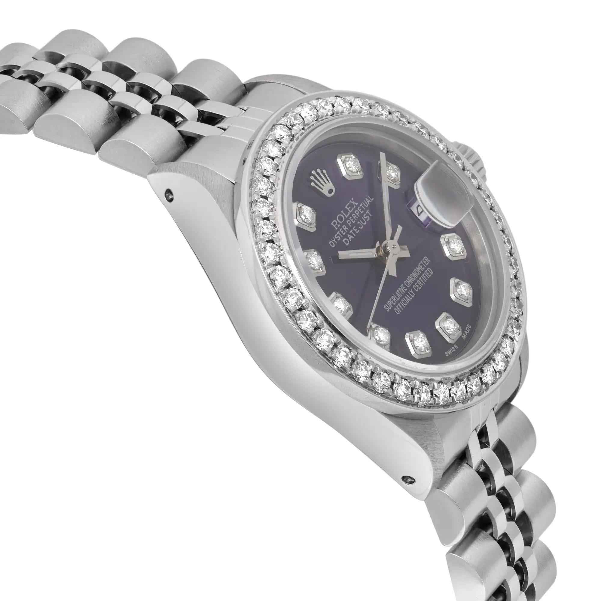Women's Rolex Datejust 26mm Steel Custom Purple Diamond Dial Ladies Watch 69174 For Sale