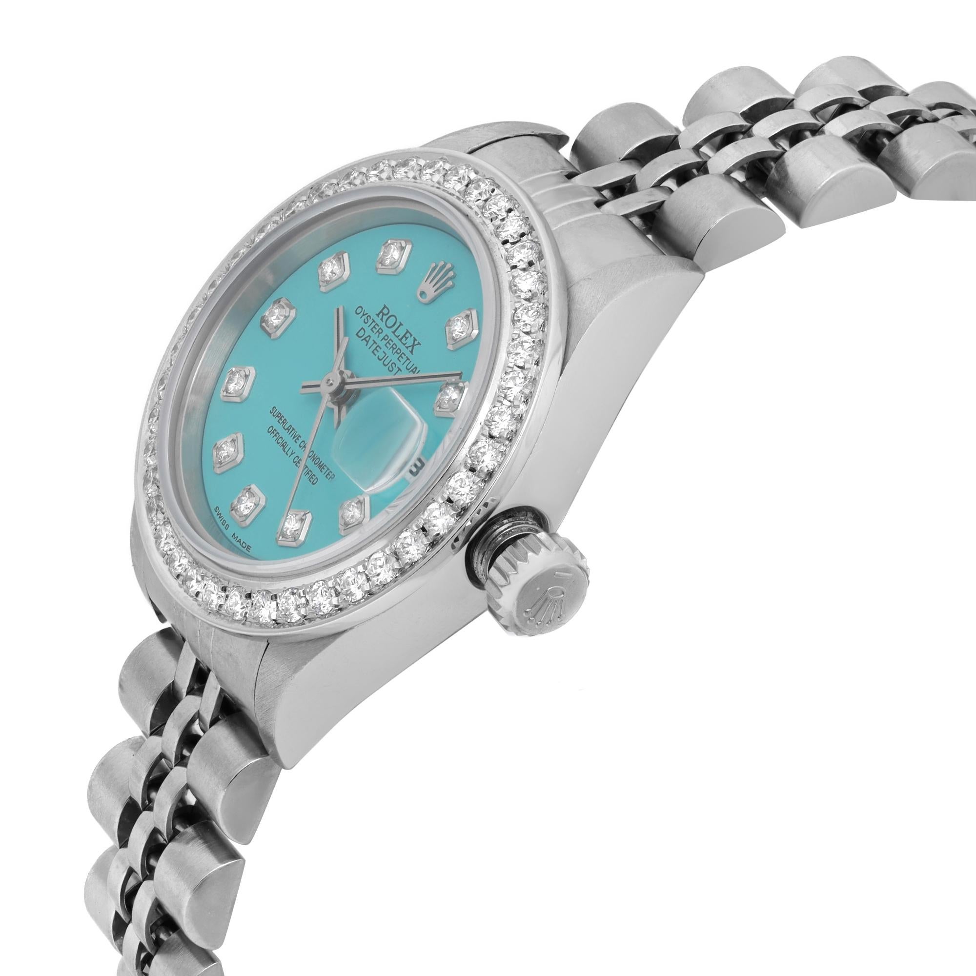 Rolex Montre Datejust 26 mm en acier personnalisée avec cadran et lunette en diamants turquoises pour femmes 69174 Bon état - En vente à New York, NY