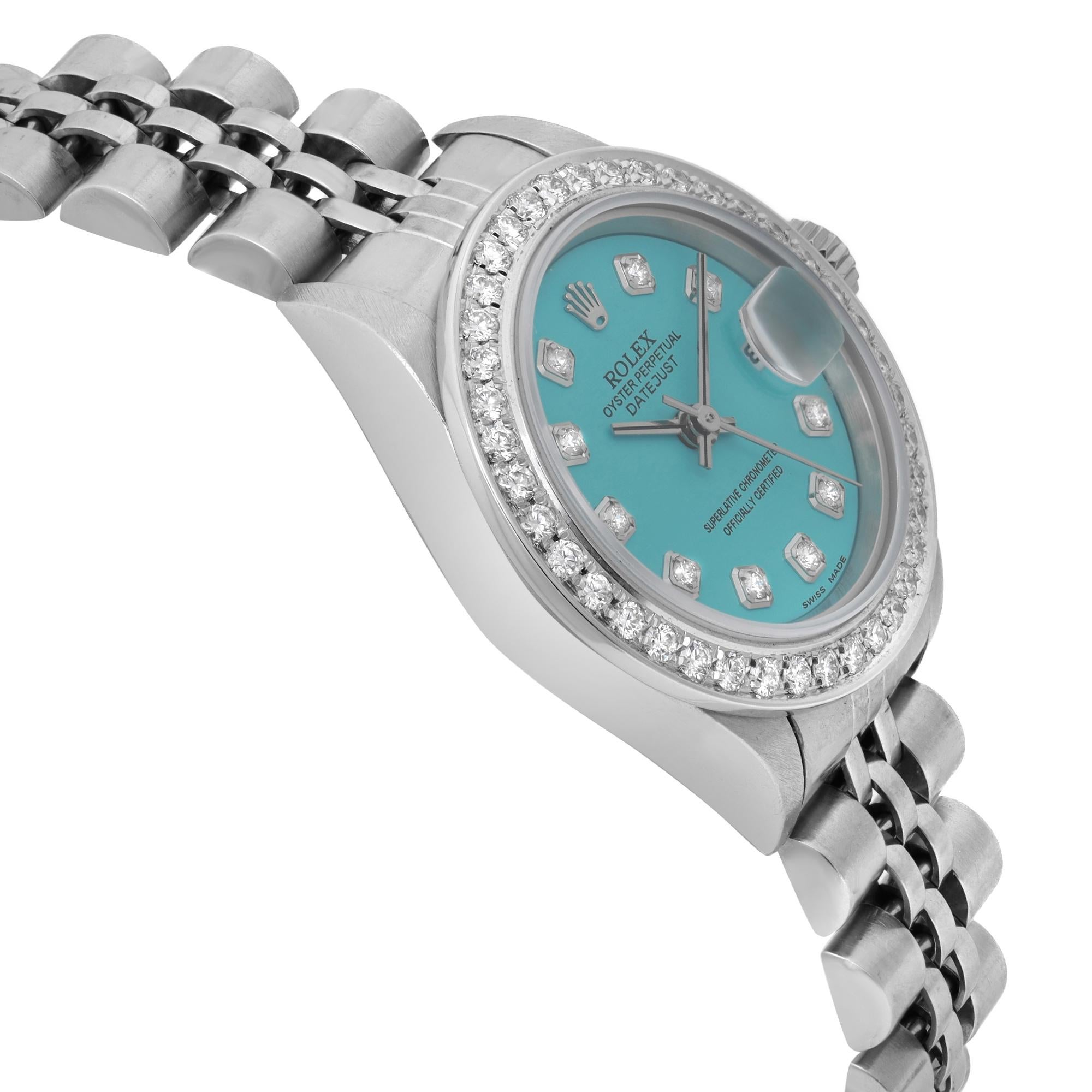 Rolex Montre Datejust 26 mm en acier personnalisée avec cadran et lunette en diamants turquoises pour femmes 69174 Pour femmes en vente