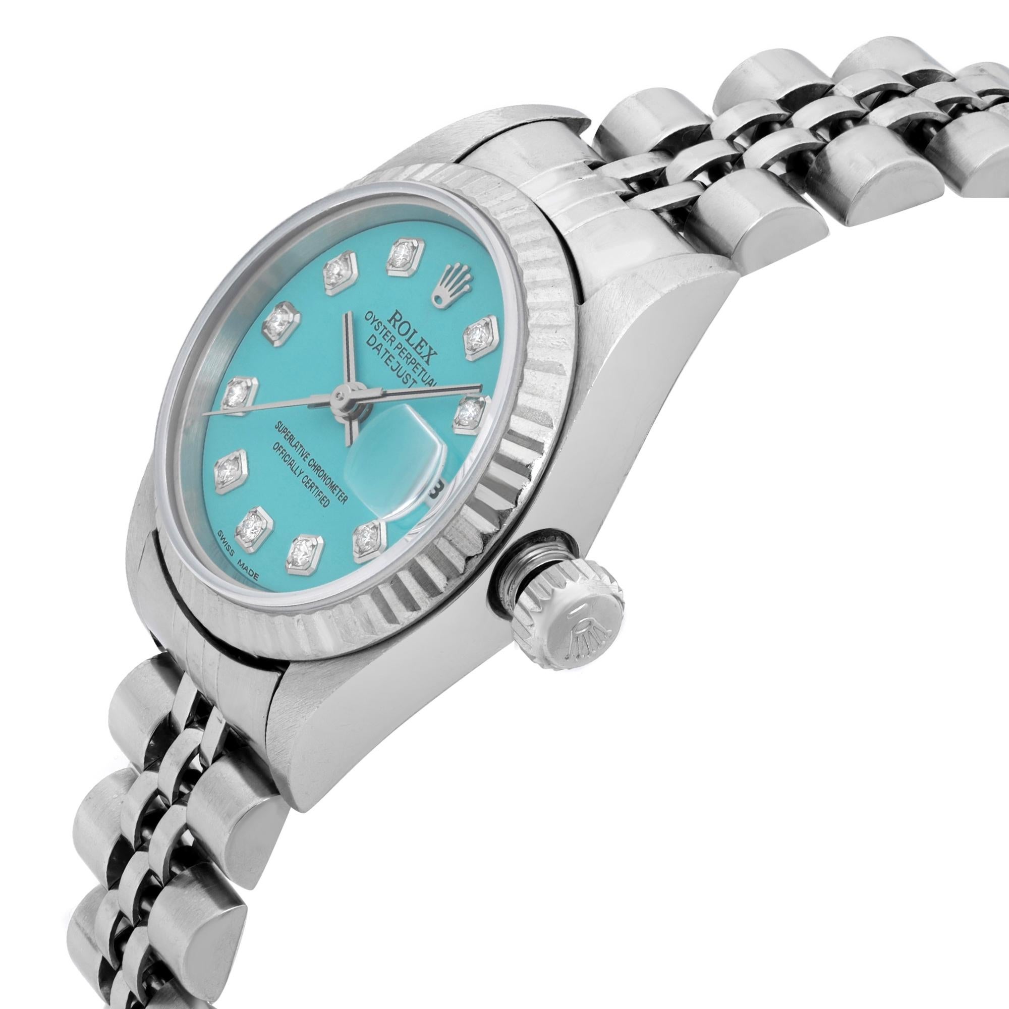 Rolex Datejust 26mm Acero Personalizado Esfera Turquesa Diamante Reloj Señora 69174 en Bueno estado para la venta en New York, NY