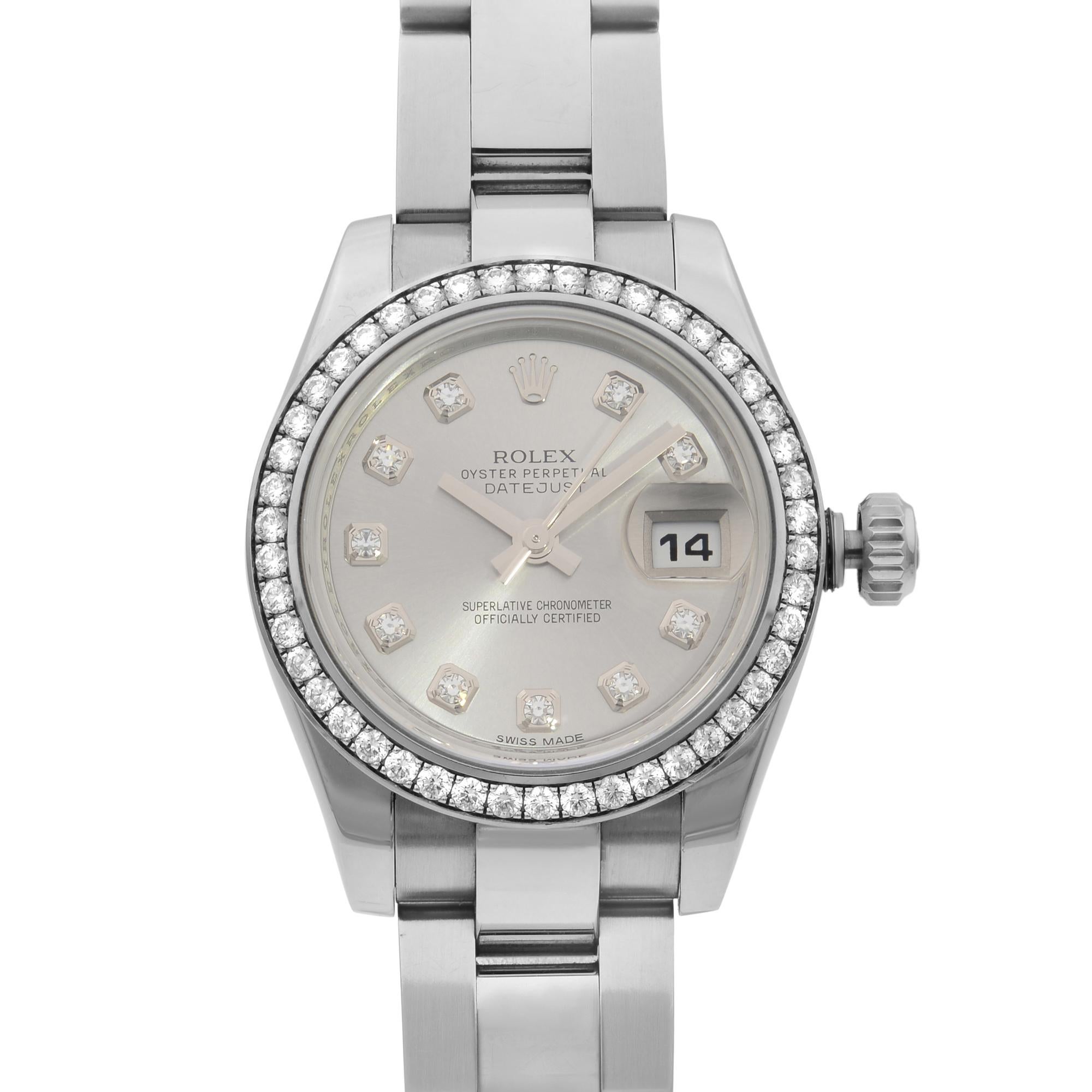 This pre-owned Rolex Datejust 179384 is a beautiful Ladie's timepiece that is powered by a mechanical (automatic) movement which is cased in a stainless steel case. It has a round shape face, date indicator, diamonds dial, and has hand diamonds