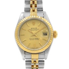Rolex Datejust Steel Gold Holes Champagne Tapestry Dial Ladies Watch 69173