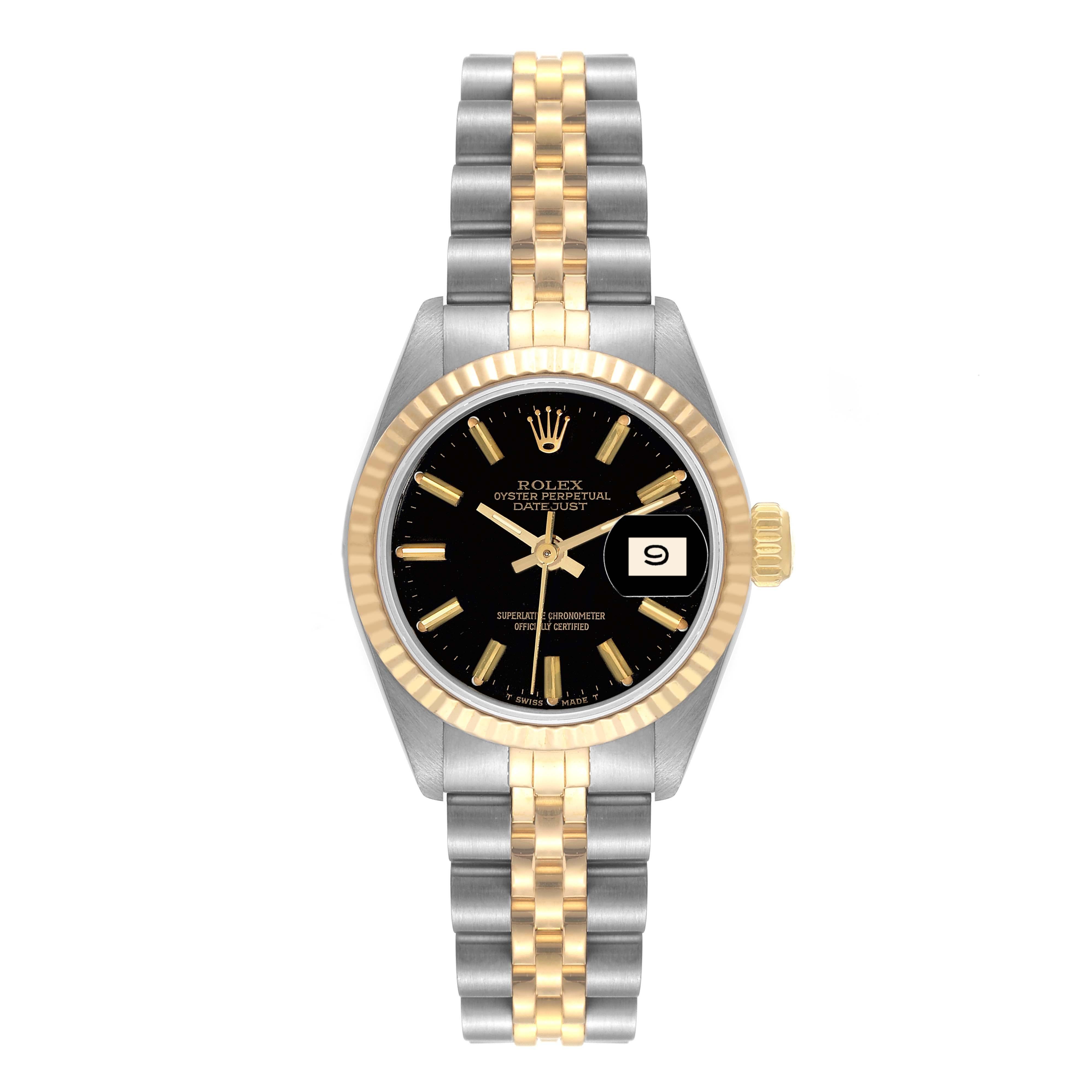 Rolex Datejust 26mm Steel Yellow Gold Black Dial Ladies Watch 69173 Box Papers. Officially certified chronometer automatic self-winding movement. Stainless steel oyster case 26.0 mm in diameter. Rolex logo on an 18K yellow gold crown. 18k yellow