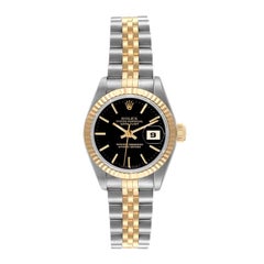 Rolex Datejust Steel Yellow Gold Black Dial Ladies Watch 69173 Box Papers