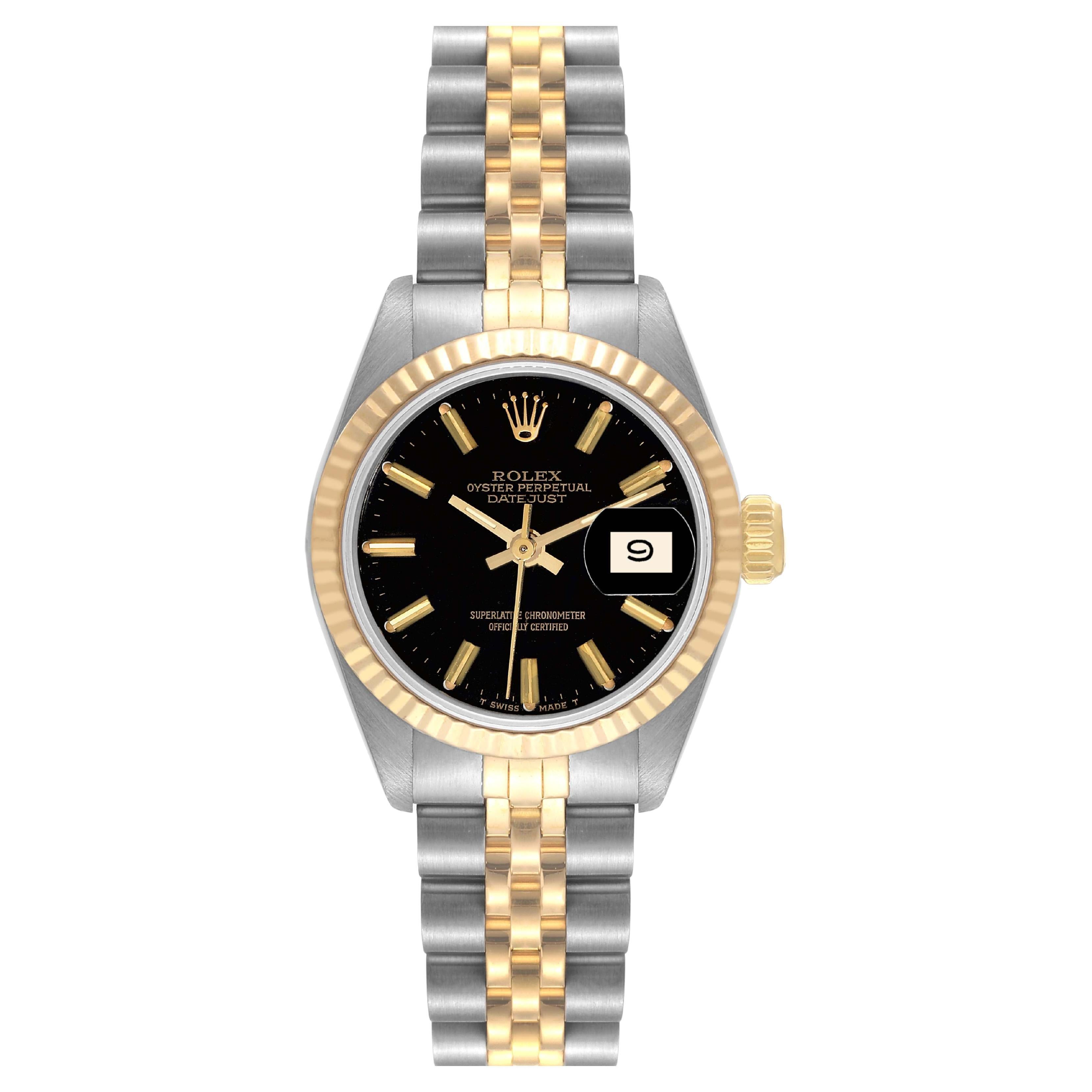 Rolex Datejust Steel Yellow Gold Black Dial Ladies Watch 69173 Box Papers For Sale