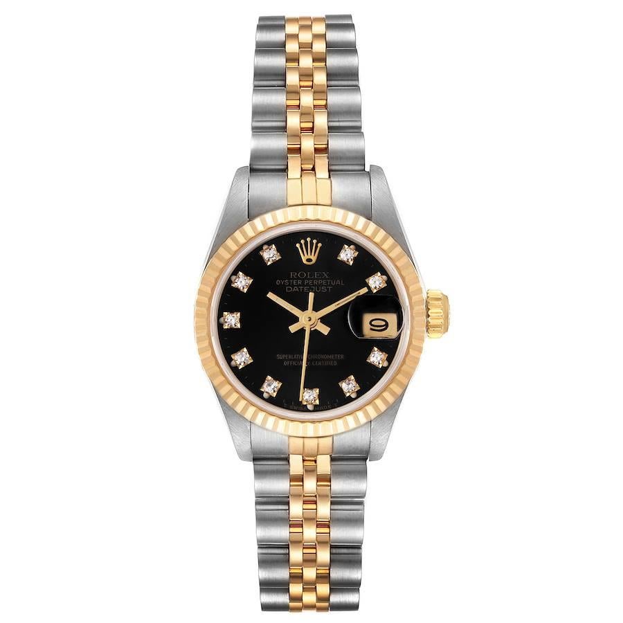 Rolex Datejust 26mm Steel Yellow Gold Black Diamond Dial Ladies Watch 69173. Officially certified chronometer self-winding movement. Stainless steel oyster case 26.0 mm in diameter. Rolex logo on a 18K yellow gold crown. 18k yellow gold fluted