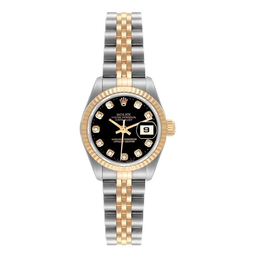 Rolex Datejust 26mm Steel Yellow Gold Black Diamond Dial Ladies Watch 69173. Mouvement à remontage automatique certifié officiellement chronomètre. Boîtier oyster en acier inoxydable de 26.0 mm de diamètre. Logo Rolex sur une couronne en or jaune 18