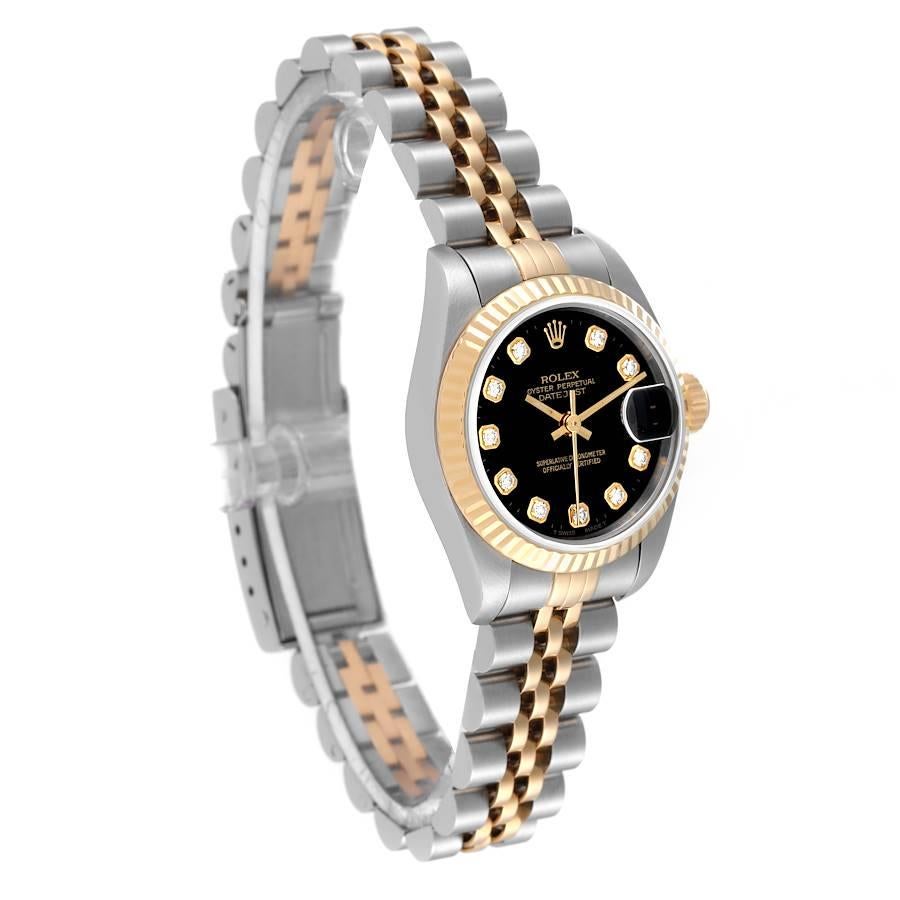 Rolex Montre Datejust 26 mm en acier, or jaune et diamants noirs avec cadran, pour femmes 69173 Excellent état à Atlanta, GA