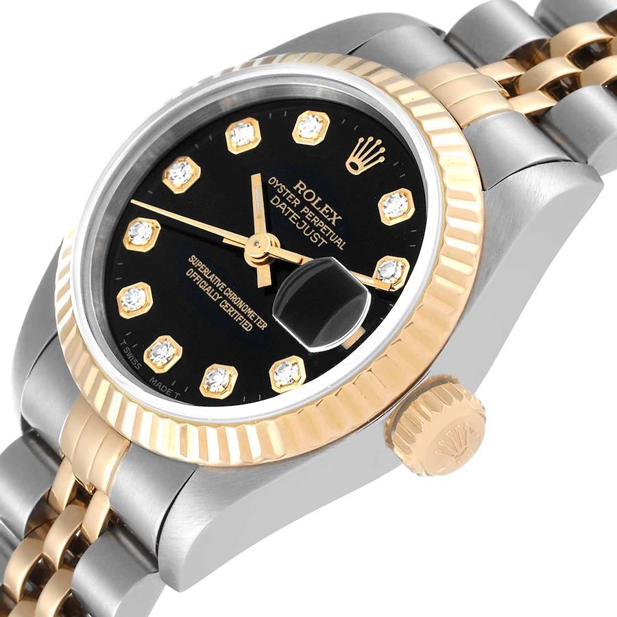 Rolex Datejust Steel Yellow Gold Black Diamond Dial Ladies Watch 69173 In Excellent Condition In Atlanta, GA