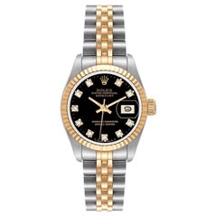 Rolex Datejust Steel Yellow Gold Black Diamond Dial Ladies Watch 69173