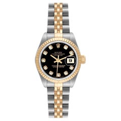 Rolex Montre Datejust 26 mm en acier, or jaune et diamants noirs avec cadran, pour femmes 69173