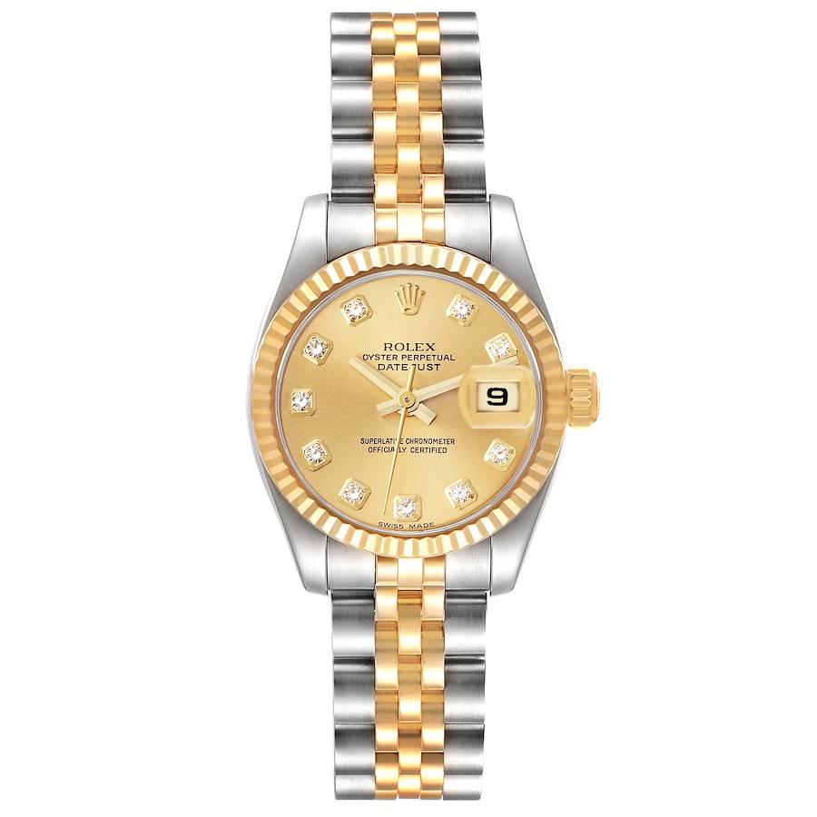 Rolex Datejust 26mm Steel Yellow Gold Diamond Dial Ladies Watch 179173 Box Card. Officially certified chronometer automatic self-winding movement. Stainless steel oyster case 26 mm in diameter. Rolex logo on an 18K yellow gold crown. 18k yellow gold