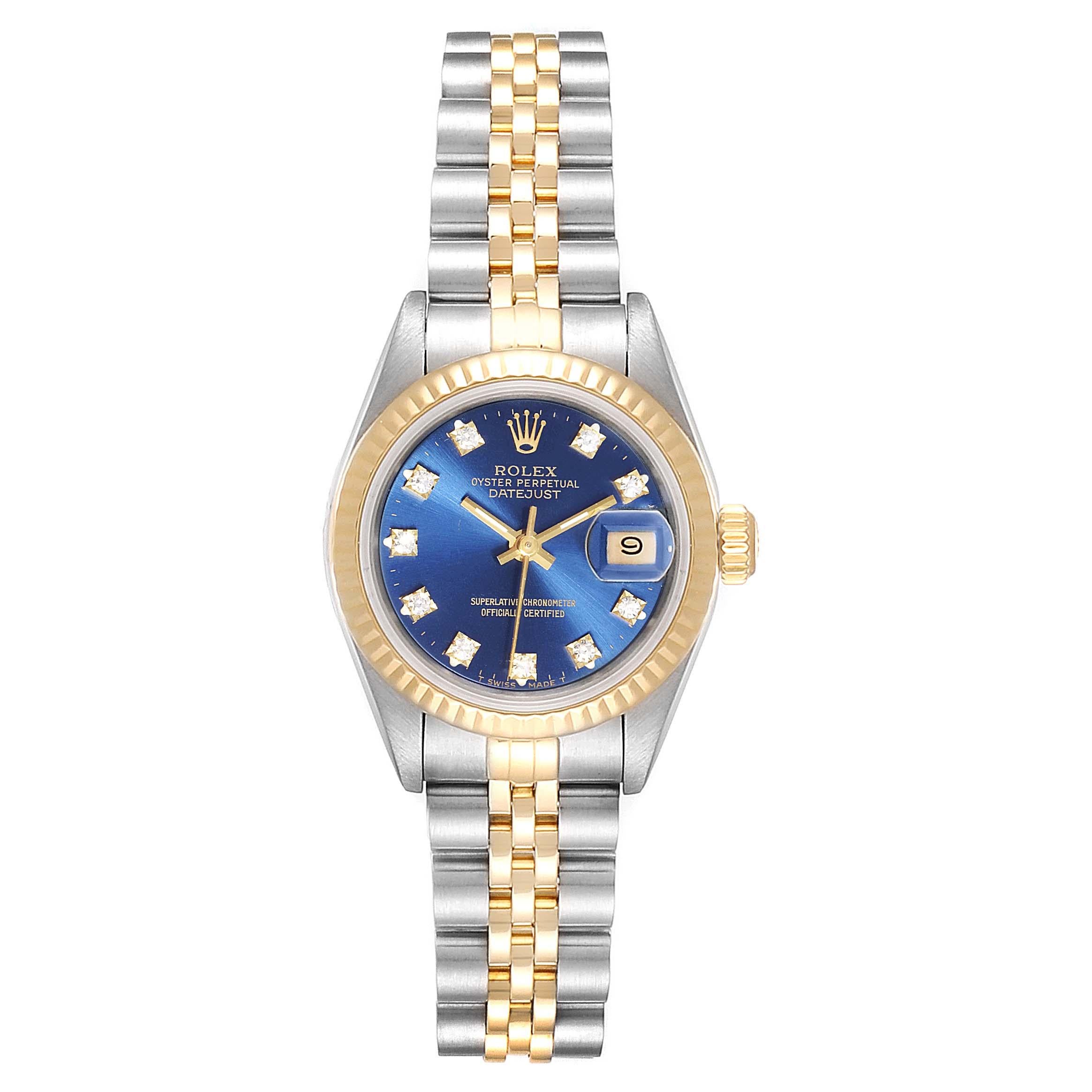 Rolex Datejust 26mm Steel Yellow Gold Diamond Dial Ladies Watch 69173. Officially certified chronometer self-winding movement. Stainless steel oyster case 26.0 mm in diameter. Rolex logo on a crown. 18k yellow gold fluted bezel. Scratch resistant