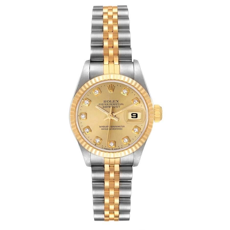 Rolex Datejust 26mm Steel Yellow Gold Diamond Dial Ladies Watch 69173. Officially certified chronometer self-winding movement. Stainless steel oyster case 26.0 mm in diameter. Rolex logo on an 18K yellow gold crown. 18k yellow gold fluted bezel.