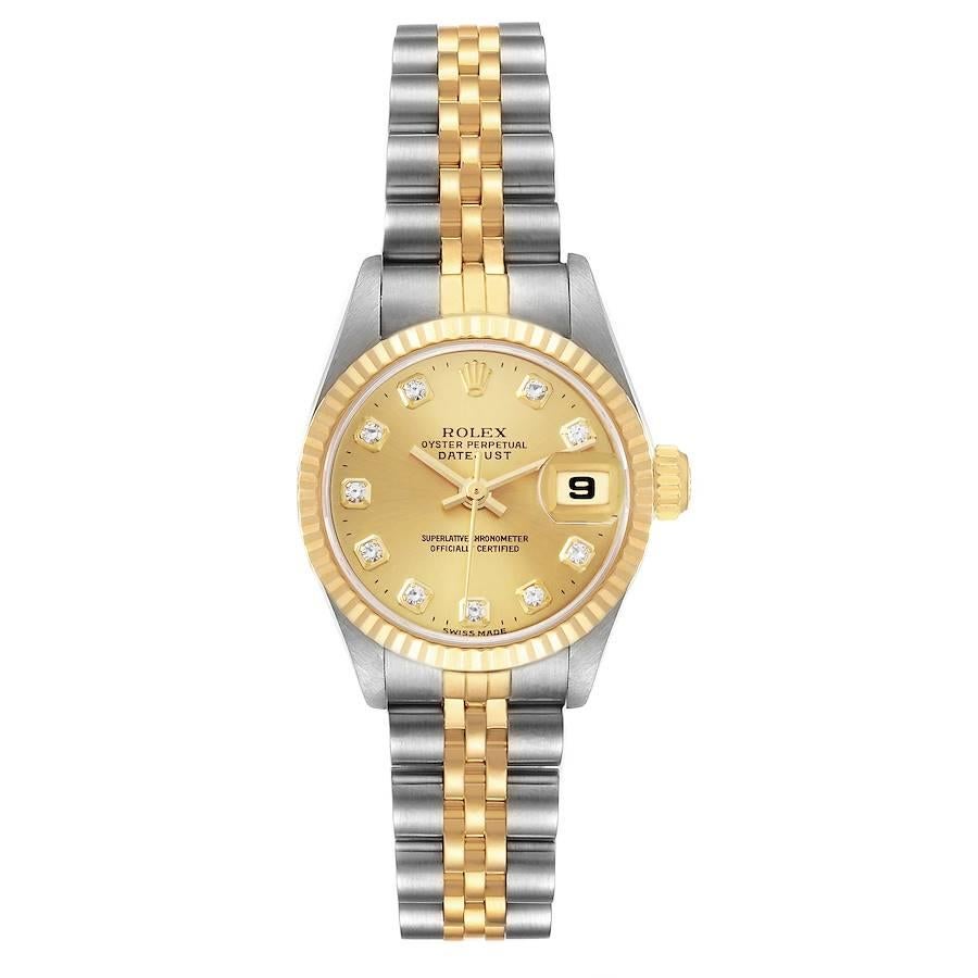 Rolex Datejust 26mm Steel Yellow Gold Diamond Dial Ladies Watch 69173. Officially certified chronometer self-winding movement. Stainless steel oyster case 26.0 mm in diameter. Rolex logo on an 18K yellow gold crown. 18k yellow gold fluted bezel.
