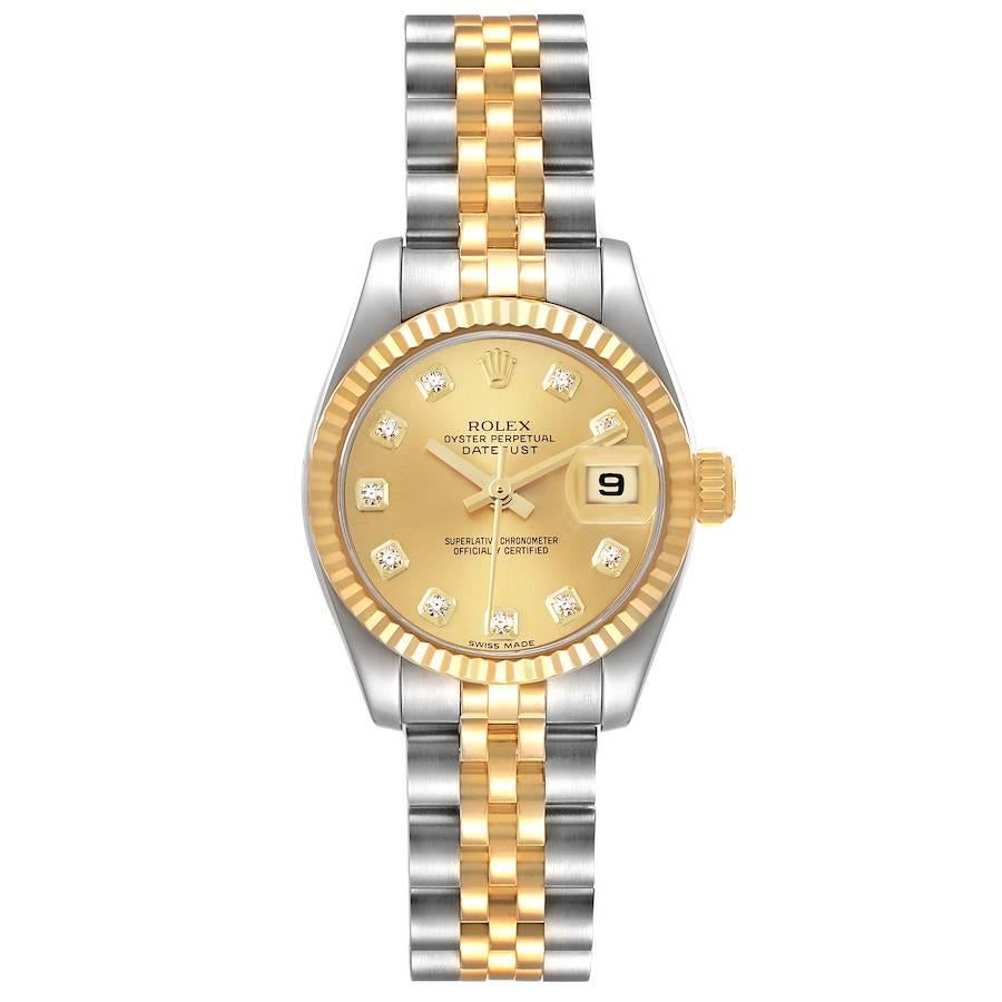 Rolex Datejust 26mm Steel Yellow Gold Diamond Ladies Watch 179173. Officially certified chronometer self-winding movement. Stainless steel oyster case 26 mm in diameter. Rolex logo on an 18K yellow gold crown. 18k yellow gold diamond bezel. Scratch