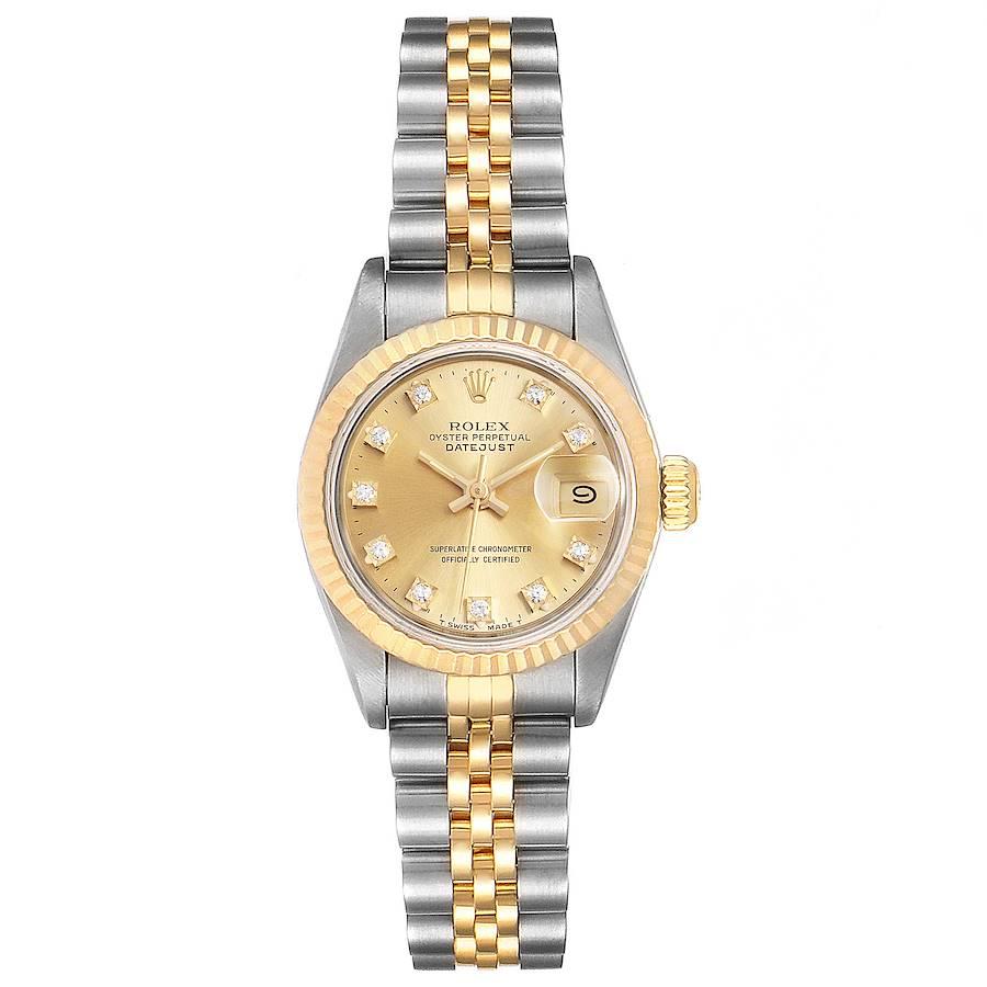 Rolex Datejust 26mm Steel Yellow Gold Diamond Ladies Watch 69173 Box Papers. Officially certified chronometer self-winding movement. Stainless steel oyster case 26.0 mm in diameter. Rolex logo on a 18K yellow gold crown. 18k yellow gold fluted
