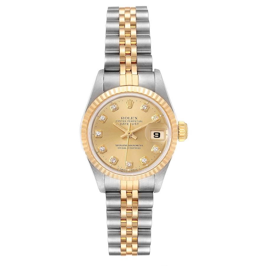 Rolex Datejust 26mm Steel Yellow Gold Diamond Ladies Watch 69173 Box Papers. Officially certified chronometer self-winding movement. Stainless steel oyster case 26.0 mm in diameter. Rolex logo on a 18K yellow gold crown. 18k yellow gold fluted