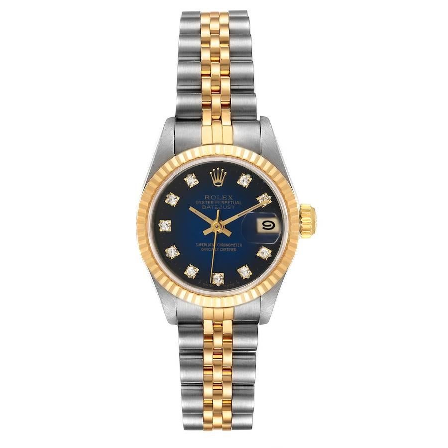 Rolex Datejust 26mm Steel Yellow Gold Diamond Ladies Watch 69173 Box Papers. Officially certified chronometer self-winding movement. Stainless steel oyster case 26.0 mm in diameter. Rolex logo on a 18K yellow gold crown. 18k yellow gold fluted