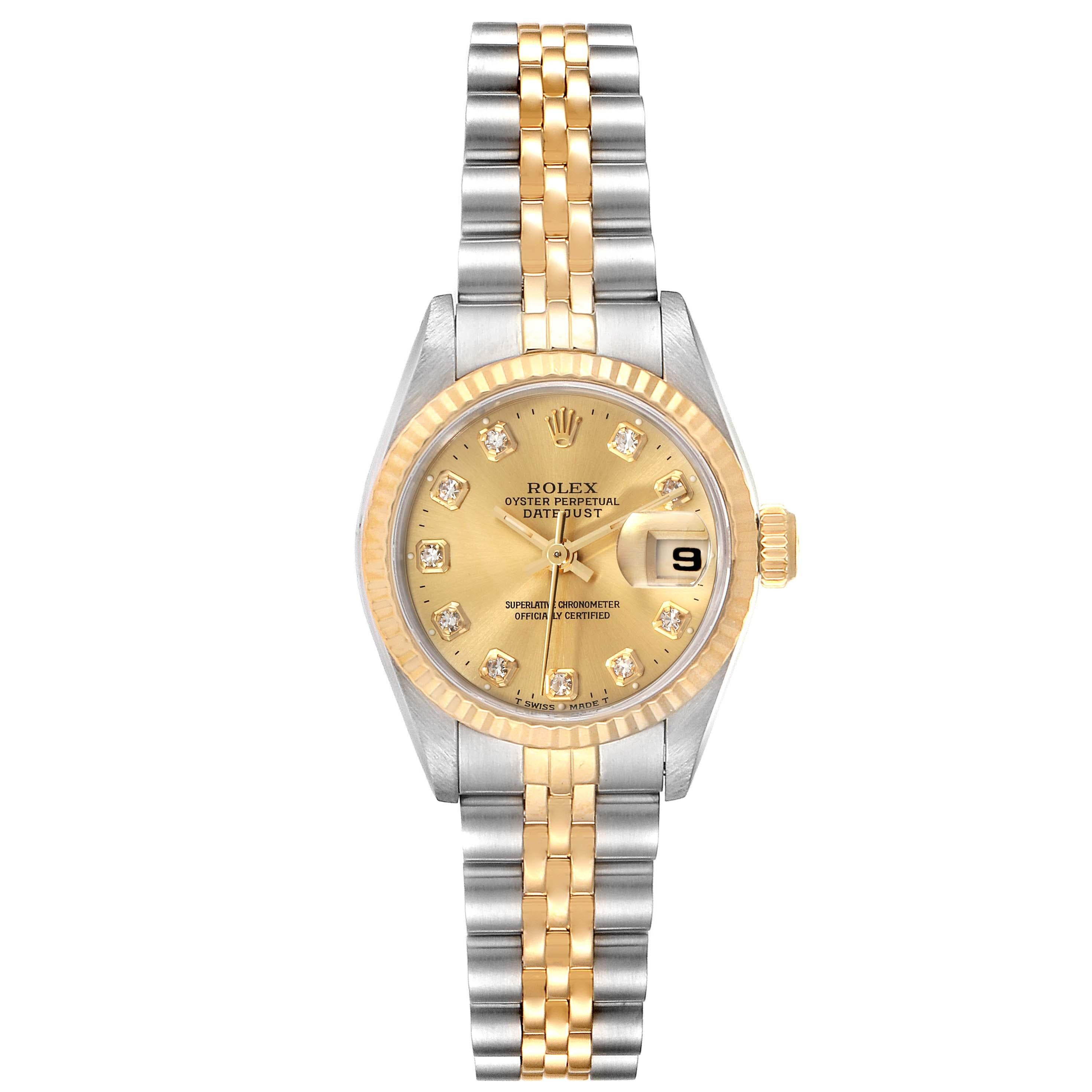 Rolex Datejust 26mm Steel Yellow Gold Diamond Ladies Watch 69173. Officially certified chronometer self-winding movement. Stainless steel oyster case 26.0 mm in diameter. Rolex logo on a 18K yellow gold crown. 18k yellow gold fluted bezel. Scratch