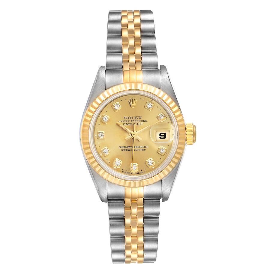 Rolex Datejust 26mm Steel Yellow Gold Diamond Ladies Watch 69173. Officially certified chronometer self-winding movement. Stainless steel oyster case 26.0 mm in diameter. Rolex logo on a 18K yellow gold crown. 18k yellow gold fluted bezel. Scratch