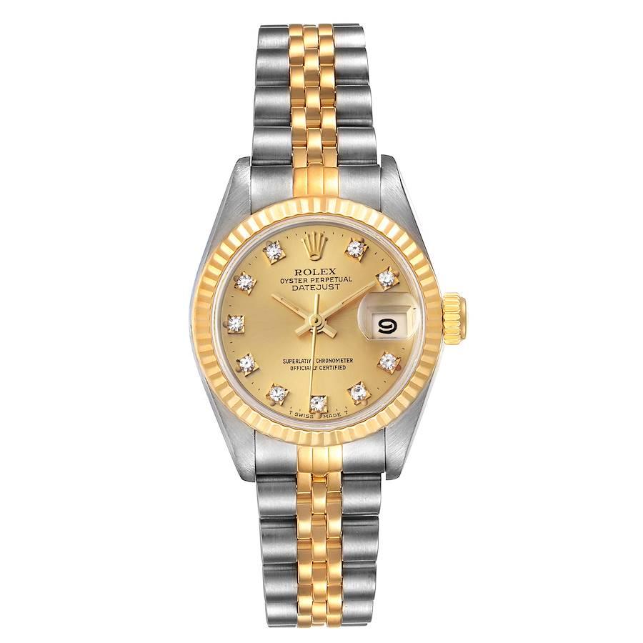 Rolex Datejust 26mm Stahl Gelbgold Diamant Damenuhr 69173. Offiziell zertifiziertes Chronometerwerk mit automatischem Aufzug. Austerngehäuse aus Edelstahl mit einem Durchmesser von 26.0 mm. Rolex-Logo auf einer Krone aus 18 Karat Gelbgold. 18k