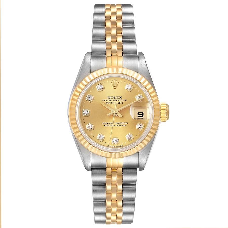 Rolex Datejust 26mm Steel Yellow Gold Diamond Ladies Watch 69173. Officially certified chronometer self-winding movement. Stainless steel oyster case 26.0 mm in diameter. Rolex logo on a 18K yellow gold crown. 18k yellow gold fluted bezel. Scratch